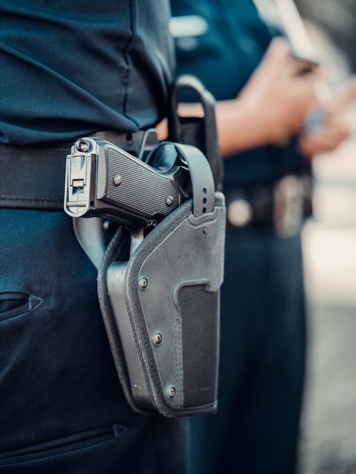 Detailed view of a police officer's gun holstered on the belt with blurred background.